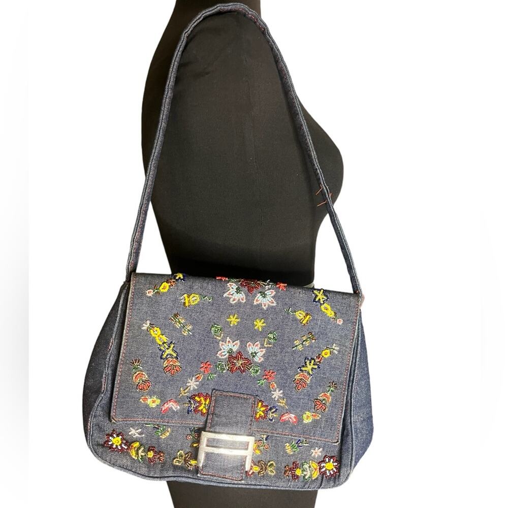 Vtg Y2K Denim Floral Beaded Feminine Flap Front Boho Glam Shoulder Bag